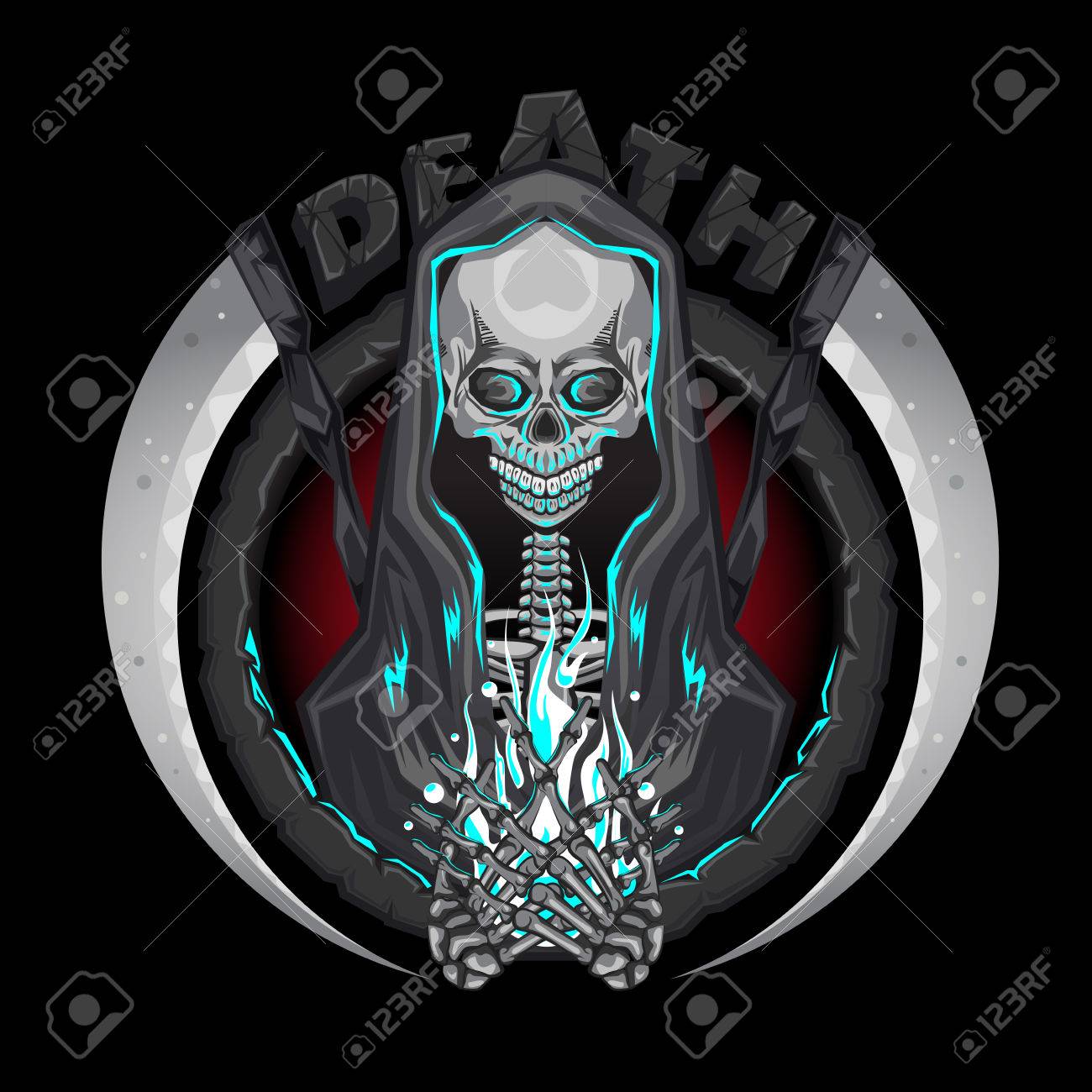 Esqueleto De La Muerte Caracteres Reaper Con Guadaña Del Logotipo Del  Emblema De La Explotación Agrícola Del Alma Humana Ilustraciones svg,  vectoriales, clip art vectorizado libre de derechos. Image 55483442, image size:1300x1300
