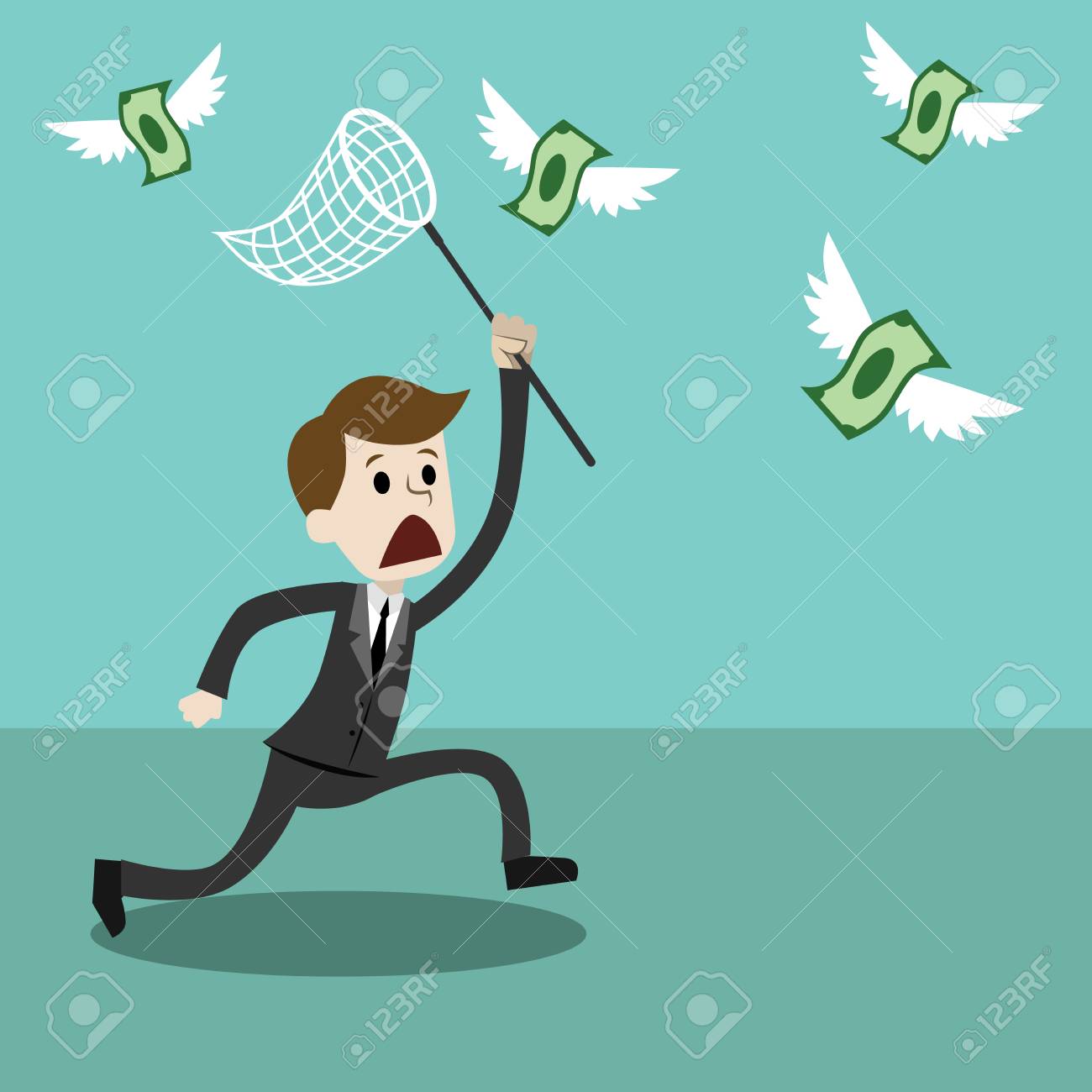 Businessman With A Butterfly Net Trying To Catch Money - 