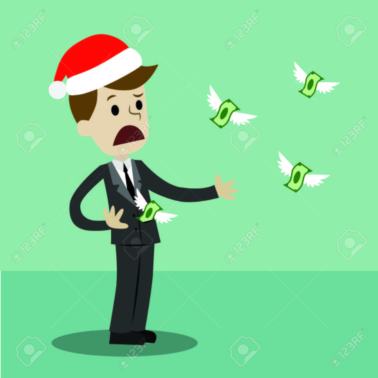 クリスマス帽子のビジネスマンやマネージャーは 彼のお金を失う お金は鳥のように飛び去るベクトルイラストのイラスト素材 ベクタ Image