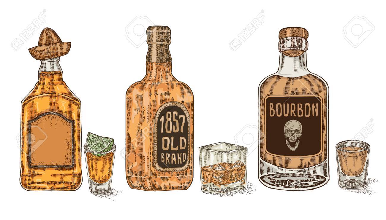 Three Bottles With Strong Alcohol Hand Drawn Whiskey And Tequila Royalty Free Cliparts Vectors And Stock Illustration Image