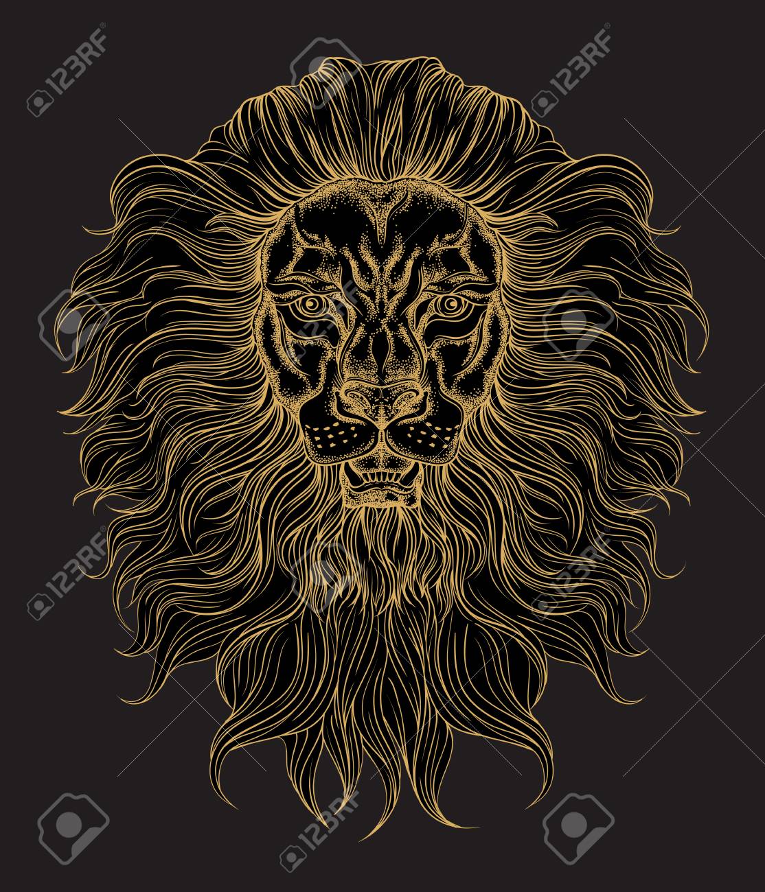 Tête De Lion Dor Dessinés à La Main Dans Le Dessin Au Trait Et Le Style Branché De Dot Dot Conception De T Shirt Hipster