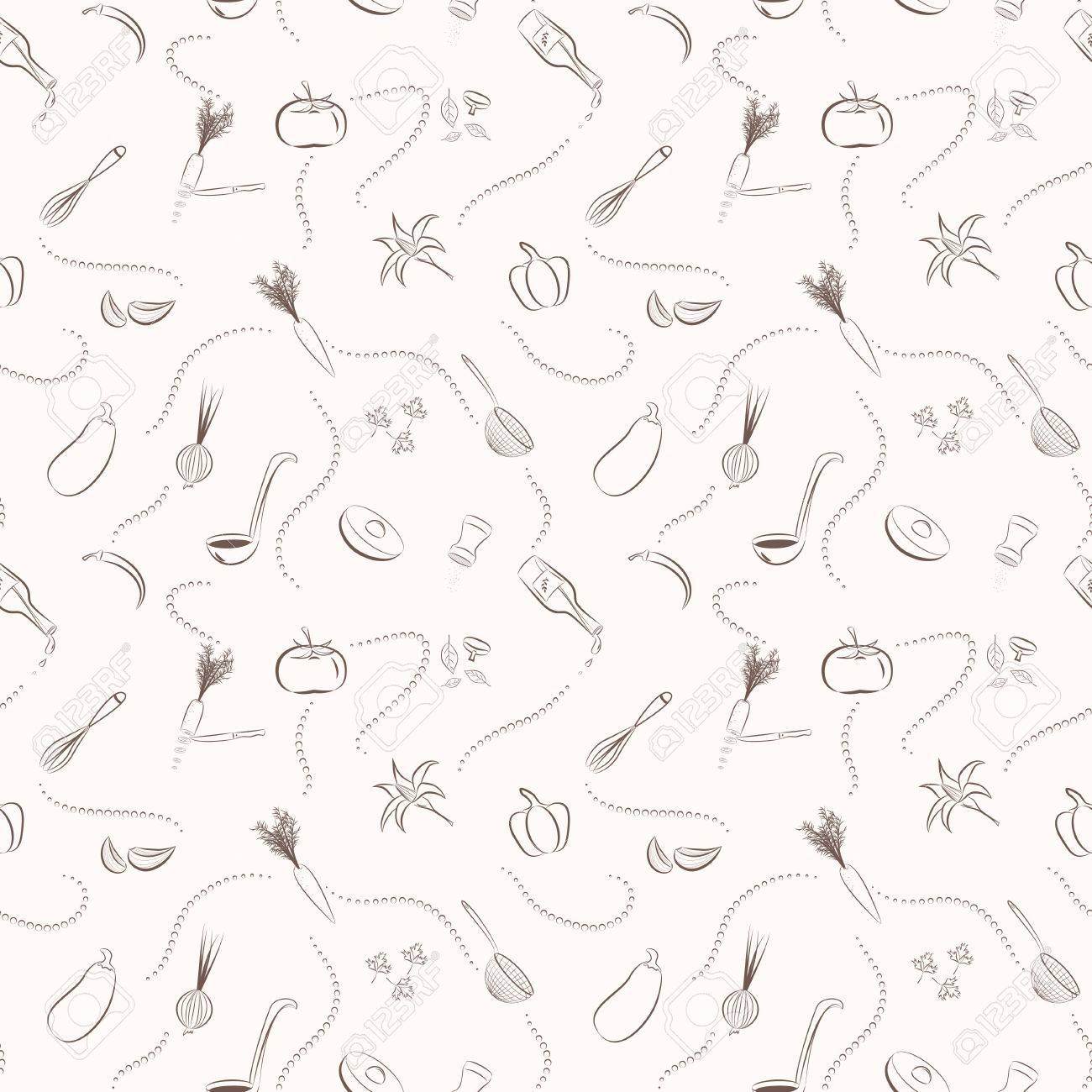 Vector Seamless Pattern With Hand Drawn Vegetables And Kitchen