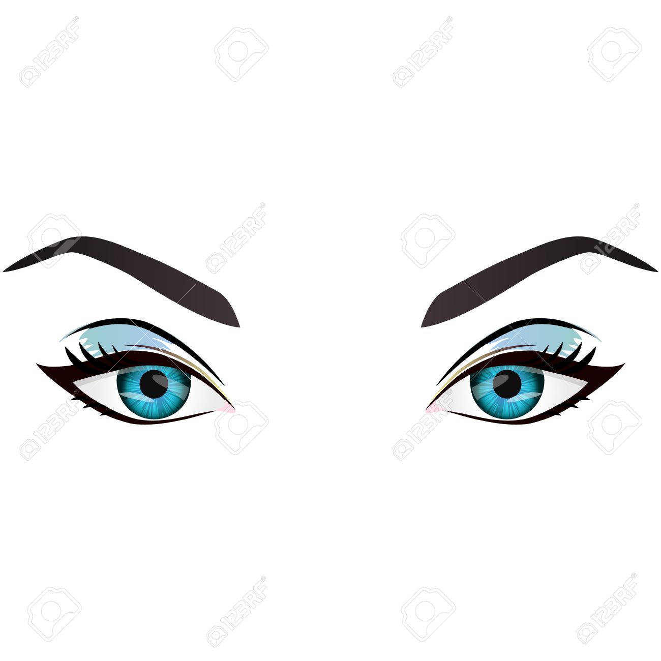 Realistic Cartoon Vector Female Blue Eyes And Eyebrows And Fashion Make Up.  Blue Eyes And Brows Design Element, Body Parts Isolated On White  Background. Eyes Close Up Royalty Free SVG, Cliparts, Vectors,, image size:1300x1300