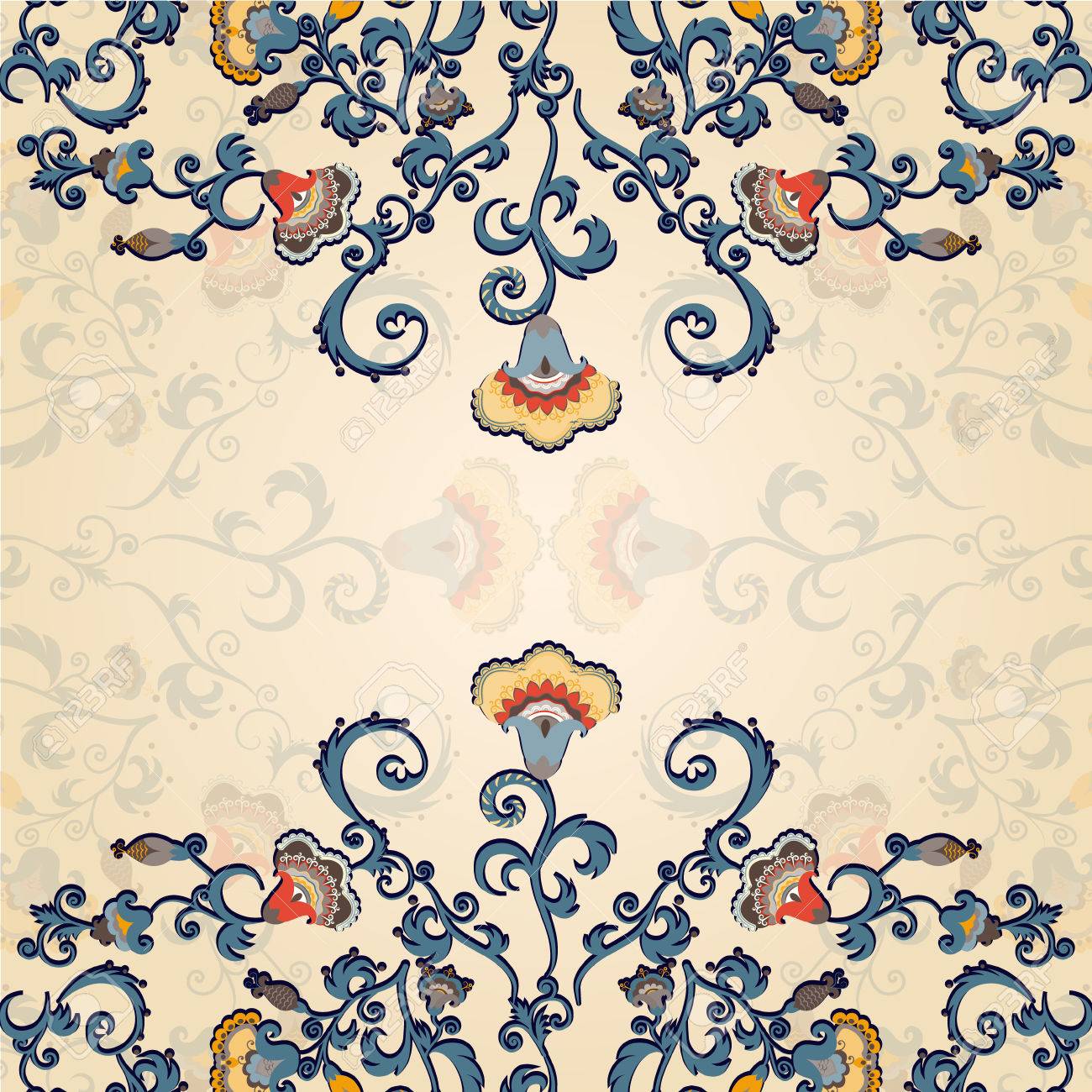 ビンテージ インドまたは和風招待状カードのテンプレート花のレース飾り カードのテンプレート フレーム デザイン 昔ながらの花のドイリー 包装 招待状 繊維プリントに最適のイラスト素材 ベクタ Image