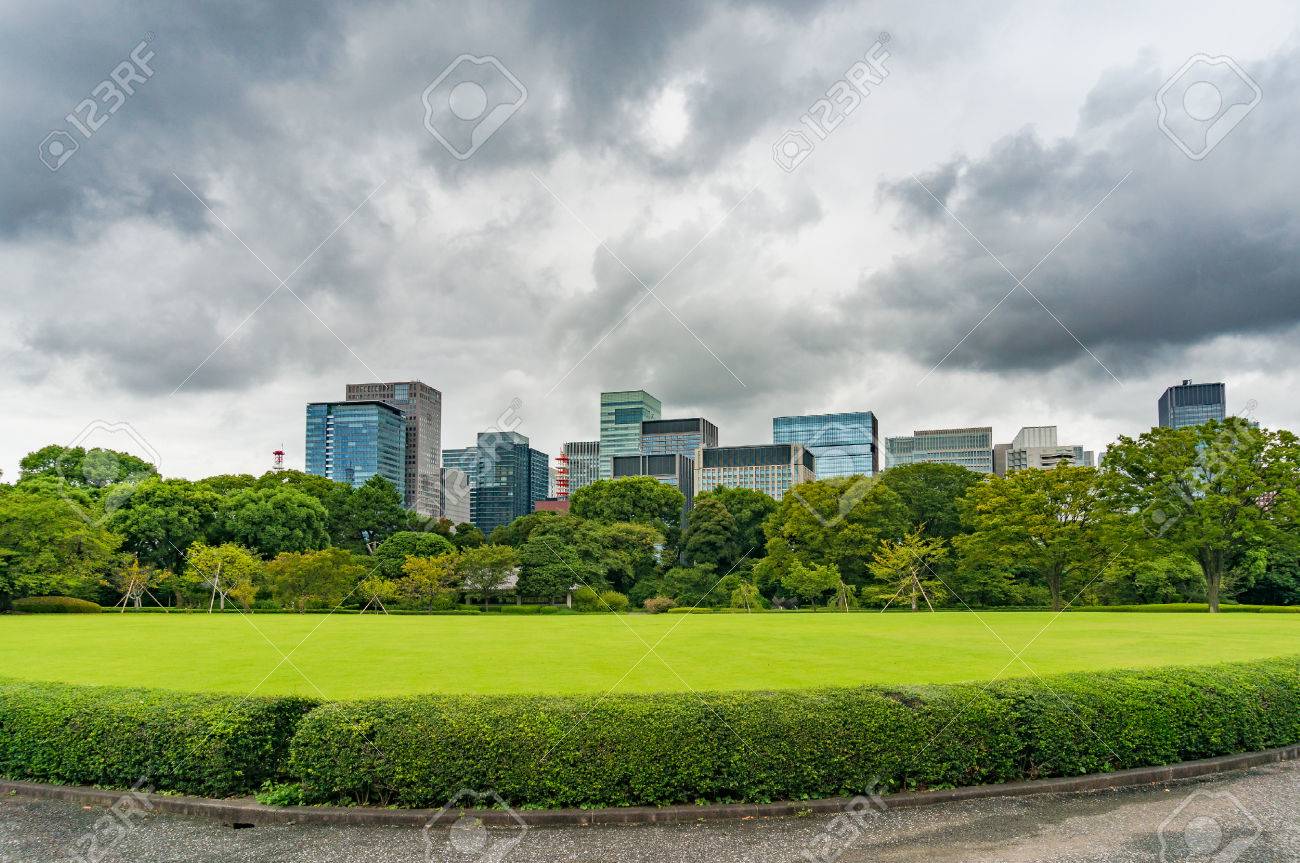 明るい緑の芝生と背景に近代的な都市の景観と木 東京都皇居東公園 の写真素材 画像素材 Image