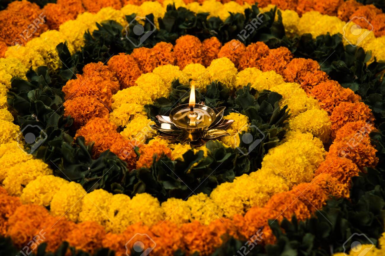 Flower Rangoli For Diwali Or Pongal Festival Made Using Marigold Stock Photo Picture And Royalty Free Image Image 156462204