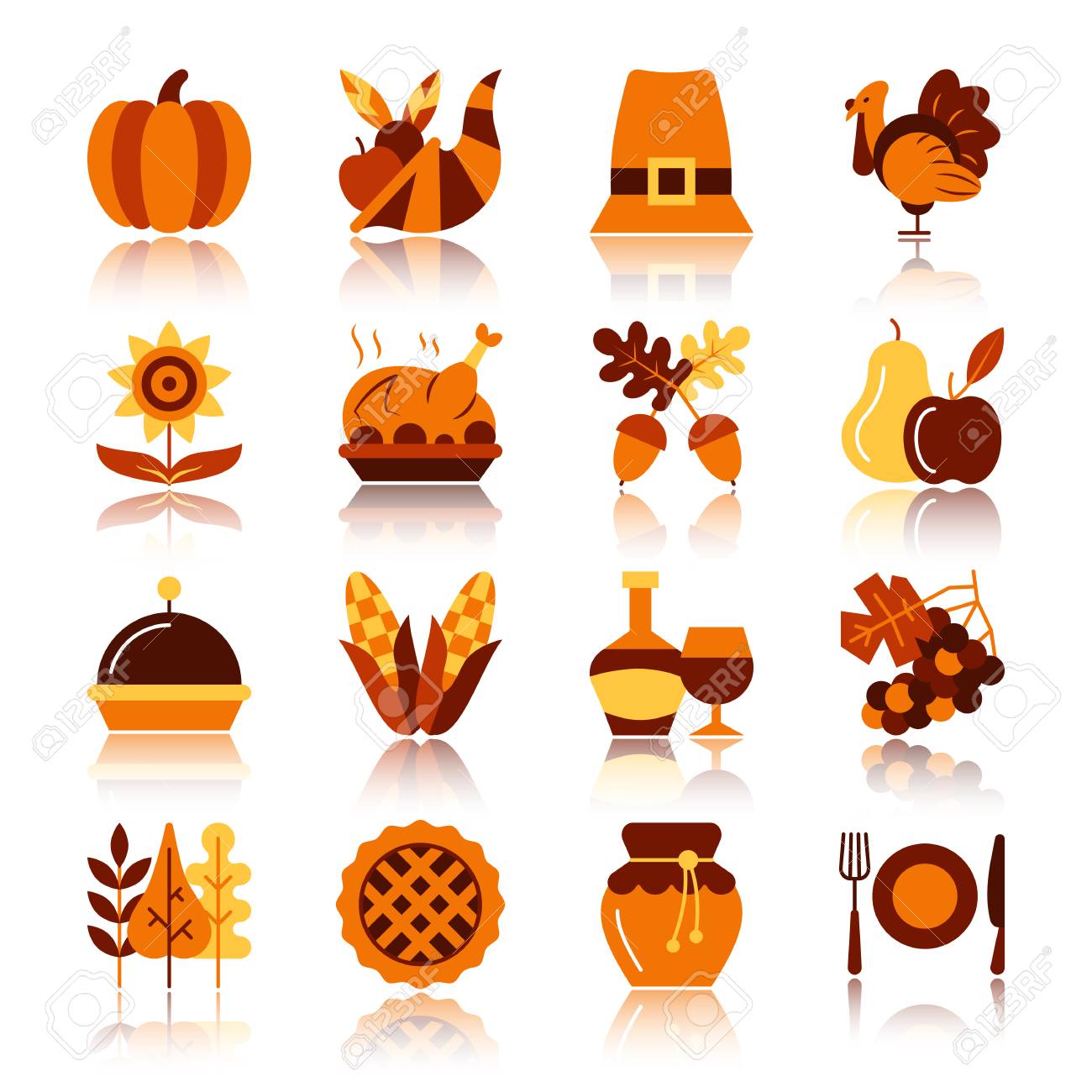 thanksgiving day color silhouette with reflection icon set
