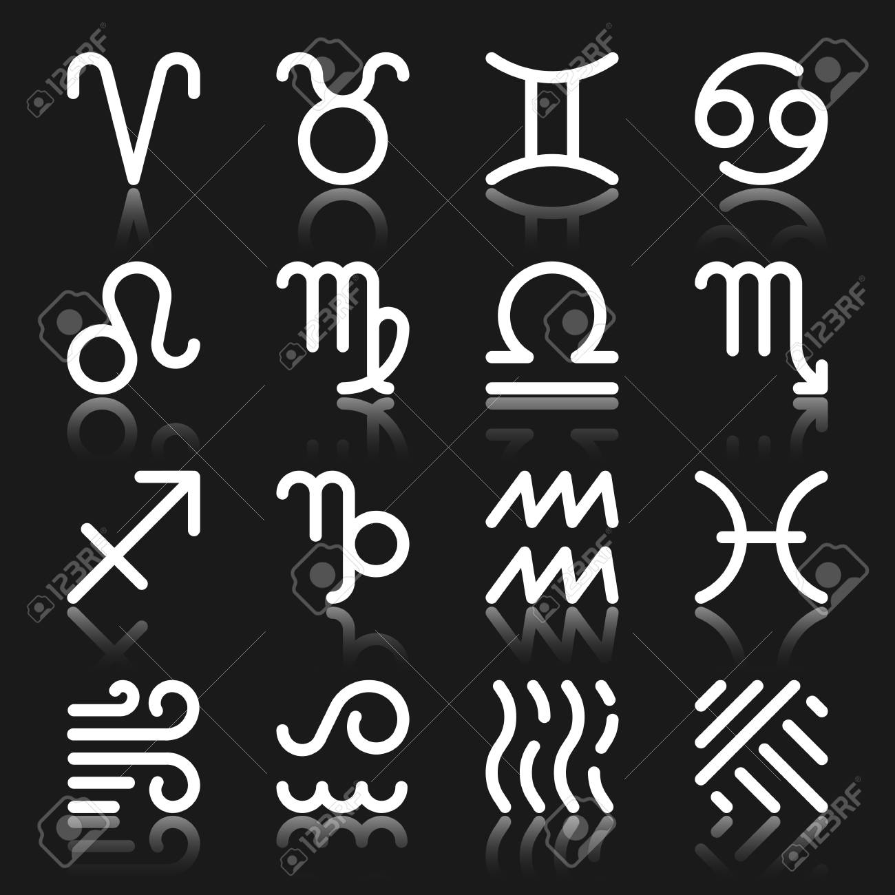 ゾディアックサインホワイトシルエットと反射アイコンが設定されています モノクロフラットデザイン12星占いと4つの力要素占星術シンボルコレクション シンプルなグラフィックピクトグラムパック ベクトルイラスト のイラスト素材 ベクタ Image