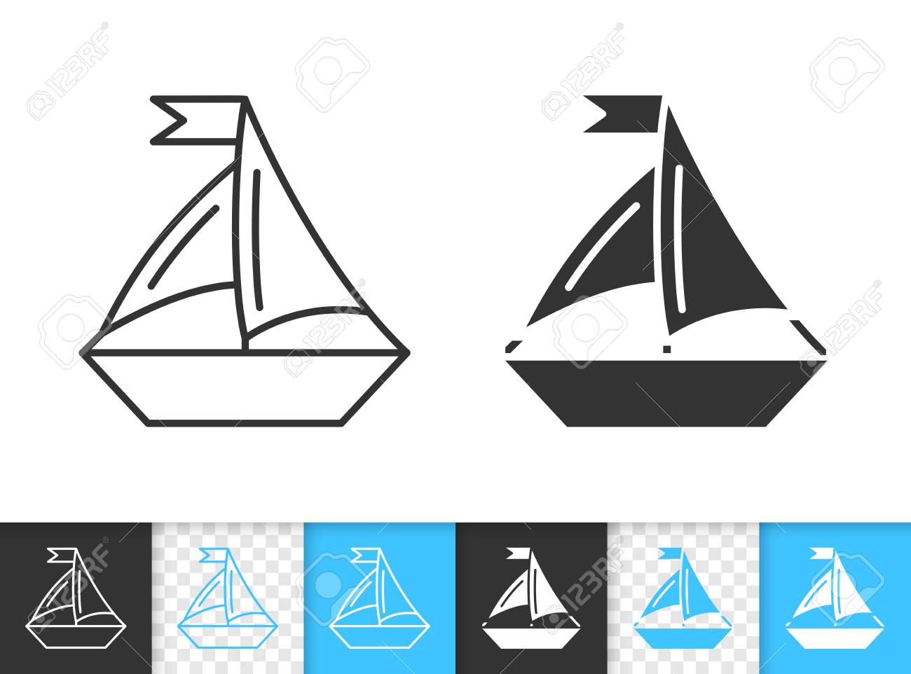 Sailing Ship Black Linear And Silhouette Icons. Thin Line Sign Of Boat.  Yacht Outline Pictogram Isolated On White, Color, Transparent Background.  Vector Icon Shape. Sailing Ship Simple Symbol Closeup Royalty Free SVG,, image size:1300x962