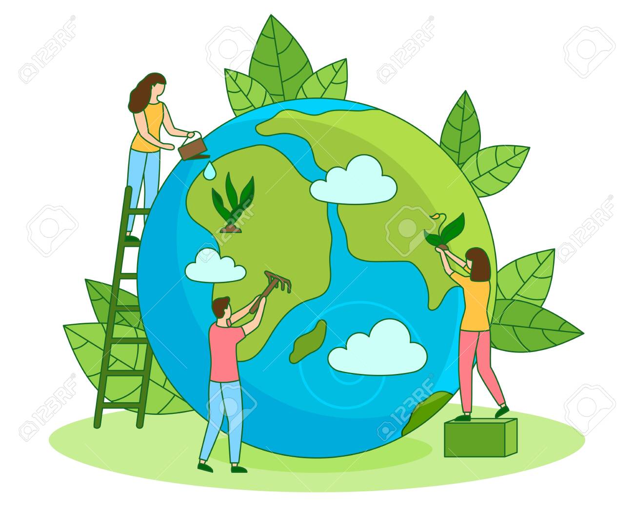 People Man And Woman Take Care About Planet Cleaning Green Planting And Watering Protect Nature And Ecology Banner Happy Earth Day Modern Graphic Design Poster Creative Card Vector Illustration Royalty Free Cliparts