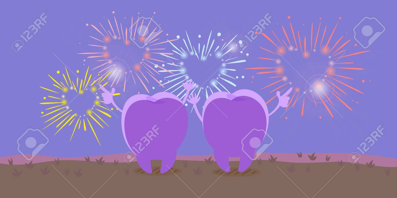 草の上に花火を見てかわいい漫画歯のイラスト素材 ベクタ Image