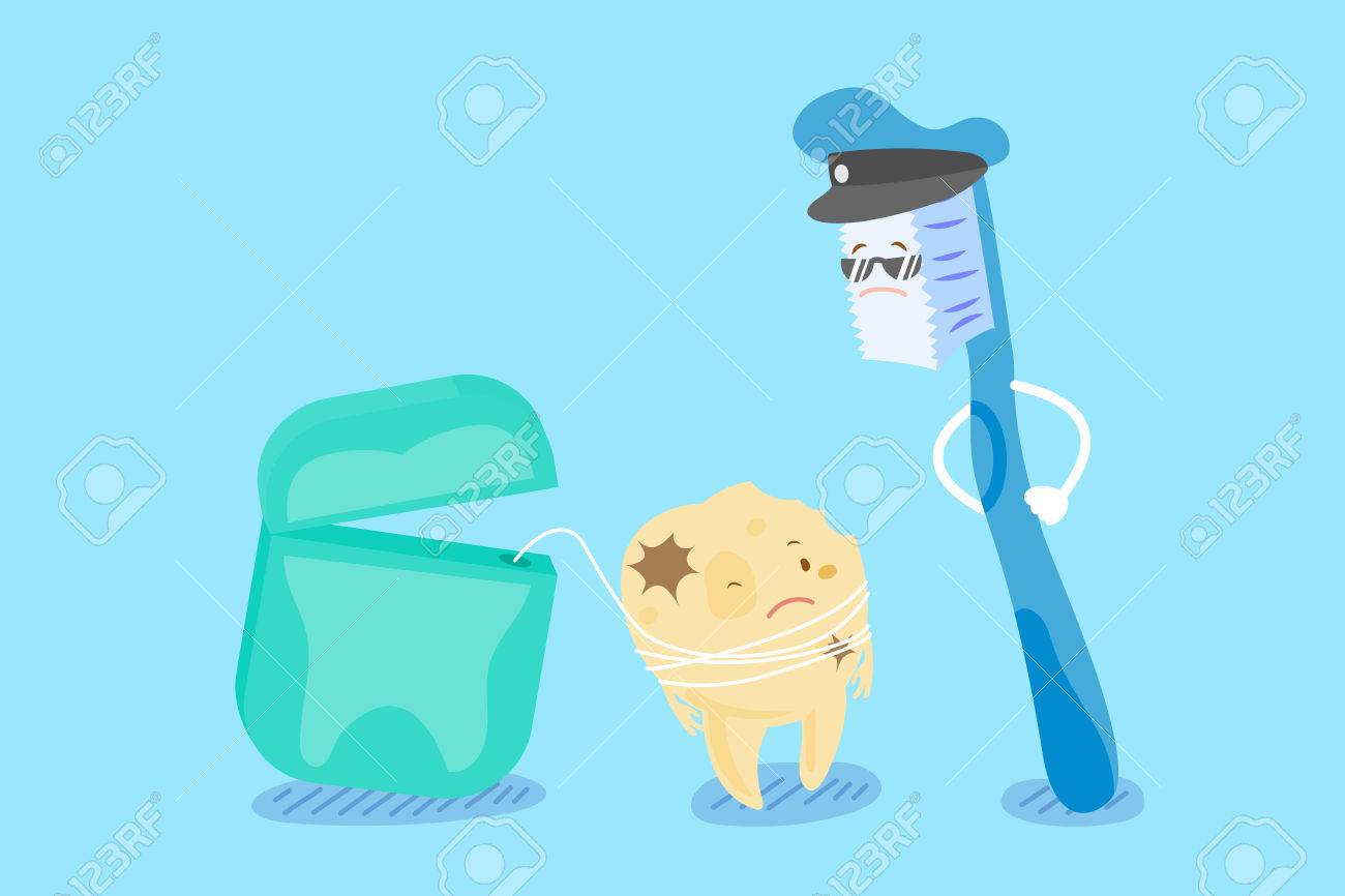 ブラシとフロスで虫歯をかわいい漫画 のイラスト素材 ベクタ Image