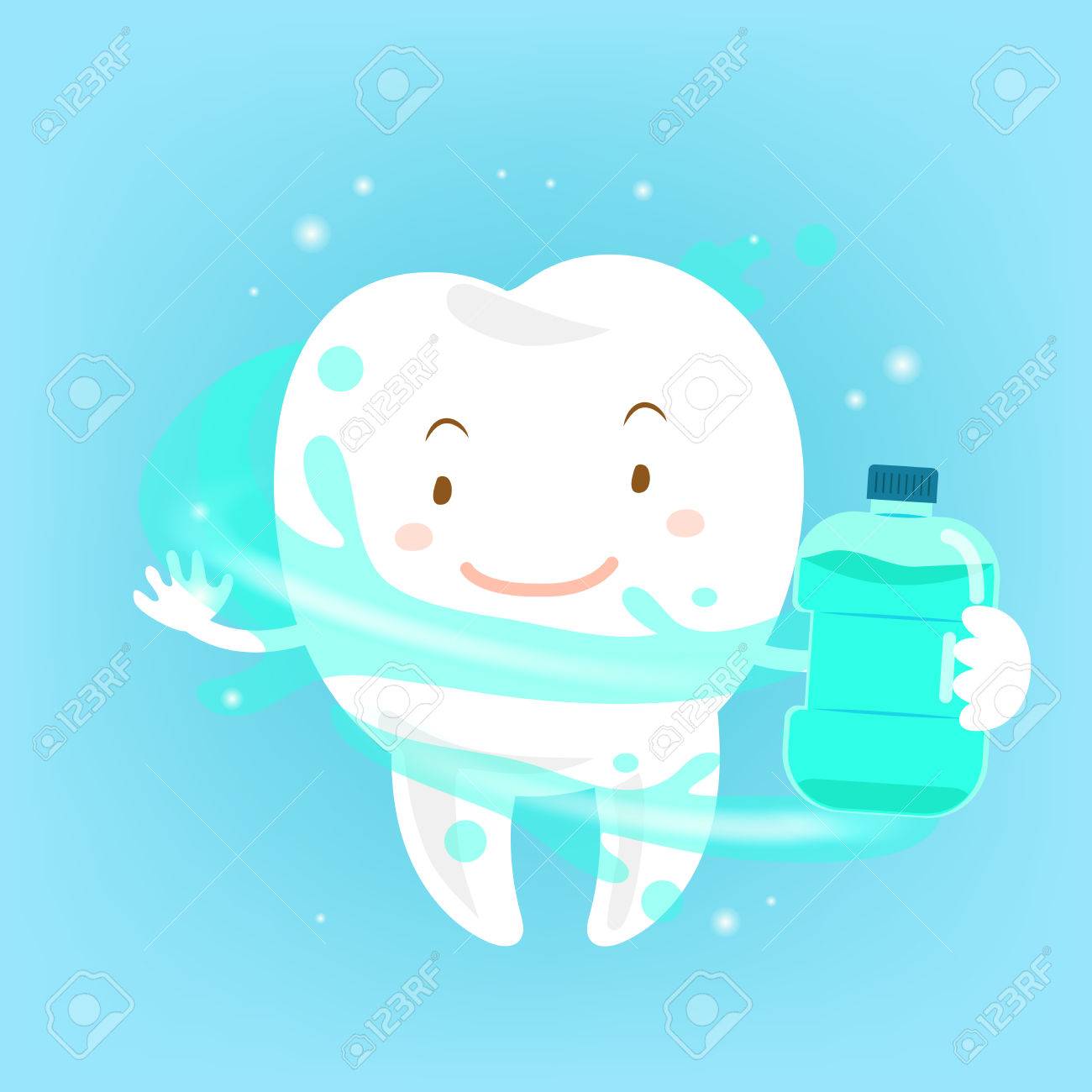青の背景にうがい薬で歯をかわいい漫画 のイラスト素材 ベクタ Image