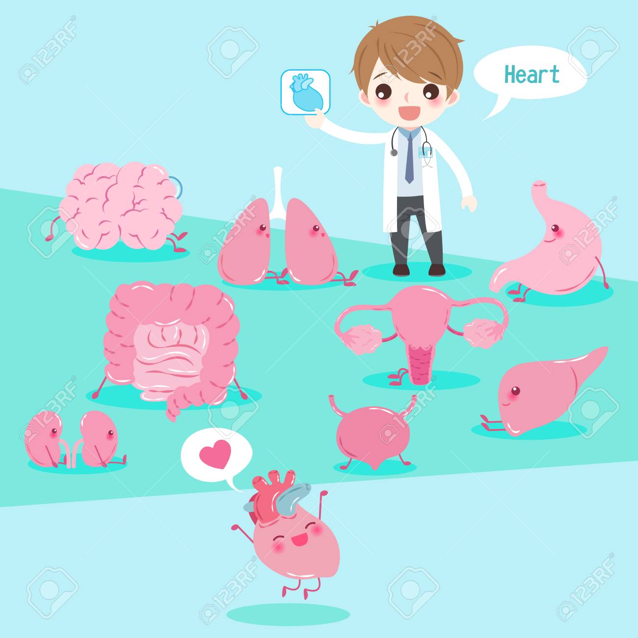 かわいい漫画医師は 緑の背景にオルガンの心臓 X 線を取るのイラスト素材 ベクタ Image かわいい漫画医師は 緑の背景にオルガンの心臓 X 線を取るのイラスト素材 ベクタ Image