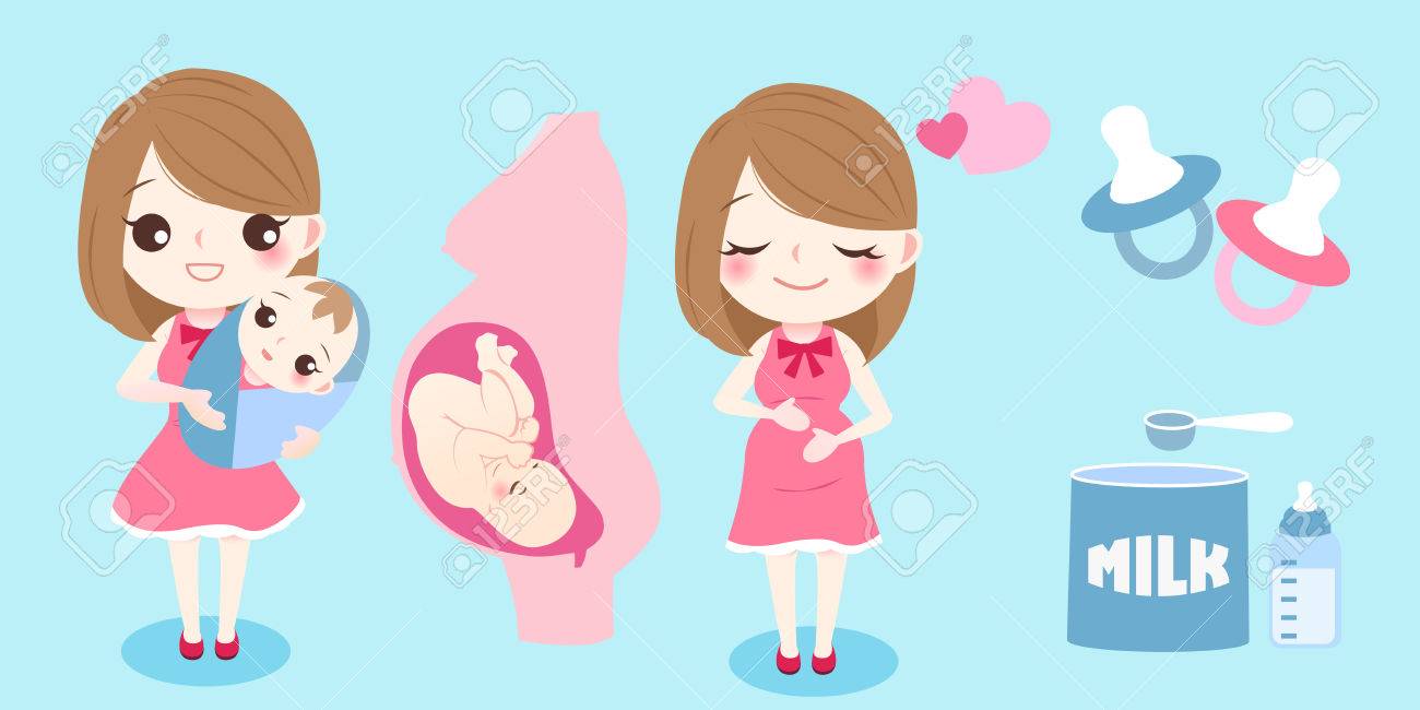 Femme Enceinte Dessin Anime Mignon Avec Bebe Sur Fond Bleu Clip Art Libres De Droits Vecteurs Et Illustration Image