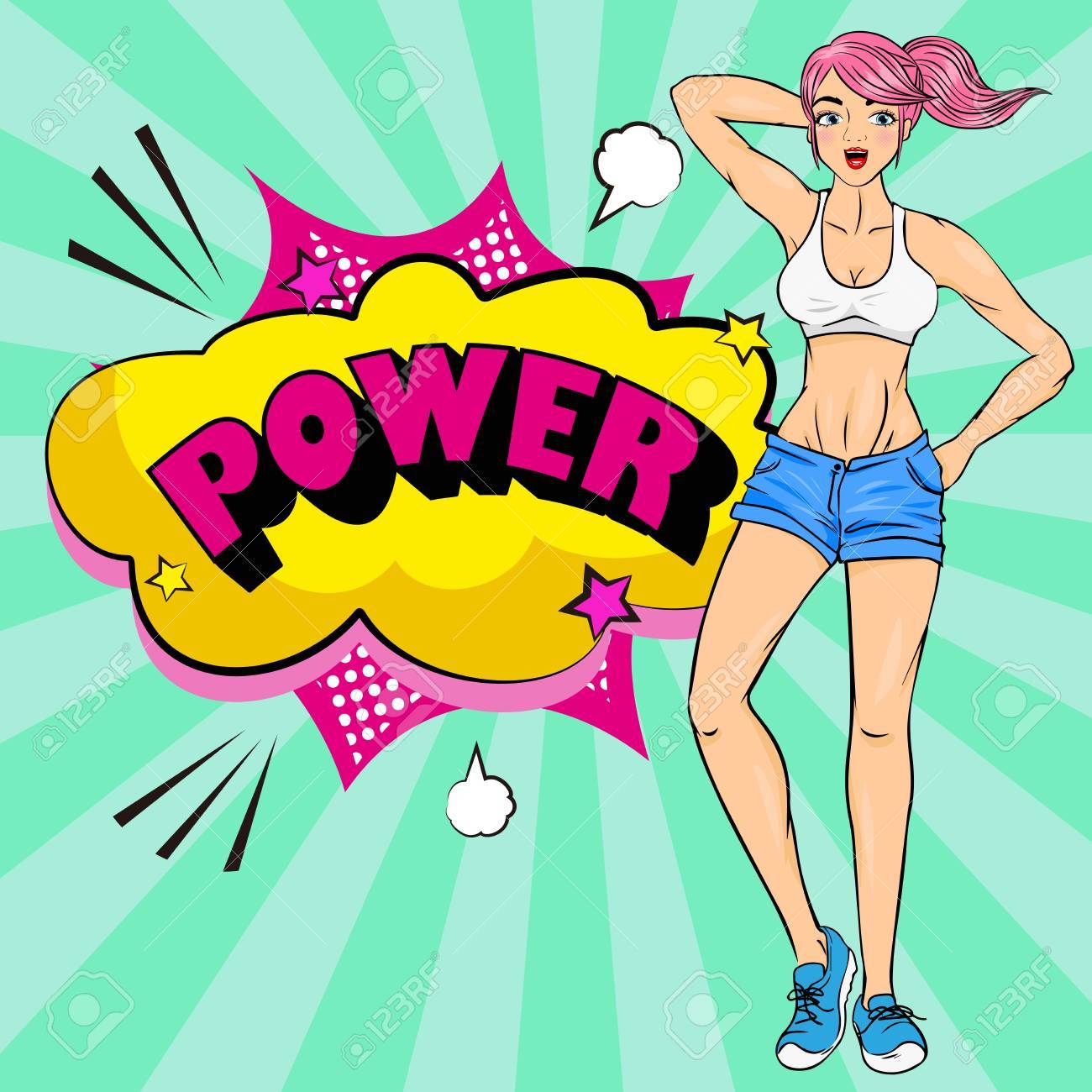 Pop Of Cartoon Strong Woman On The Green Background Royalty Free SVG,  Cliparts, Vectors, and Stock Illustration. Image 83345333.
