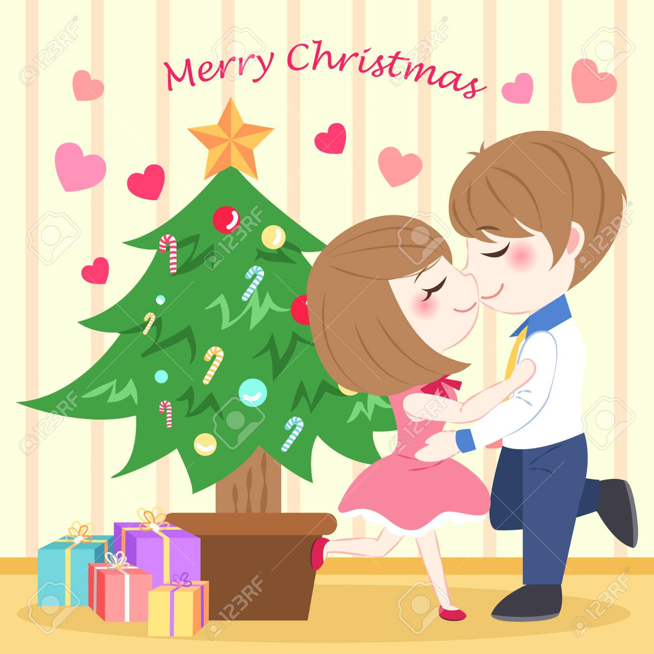 家庭でメリー クリスマスとかわいい漫画のカップル のイラスト素材 ベクタ Image 家庭でメリー クリスマスとかわいい漫画のカップル のイラスト素材 ベクタ Image