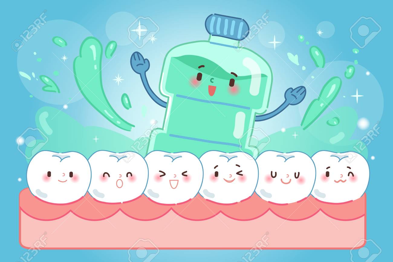 青の背景にうがい薬で歯をかわいい漫画 のイラスト素材 ベクタ Image