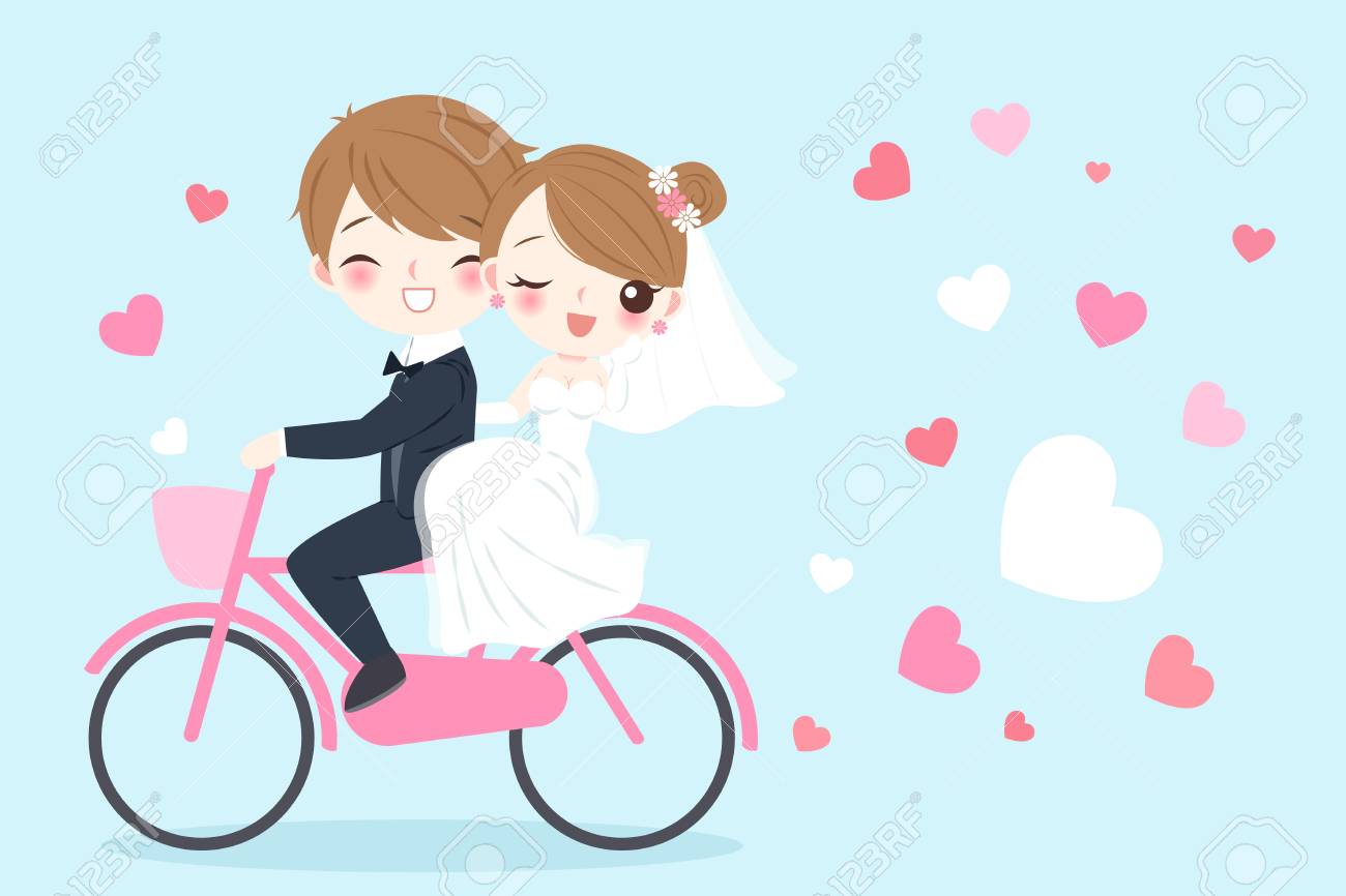 A cute cartoon wedding people riding bicycle and smile happily on the blue background - 92330394 A cute cartoon wedding people riding bicycle and smile happily on the blue background - 92330394