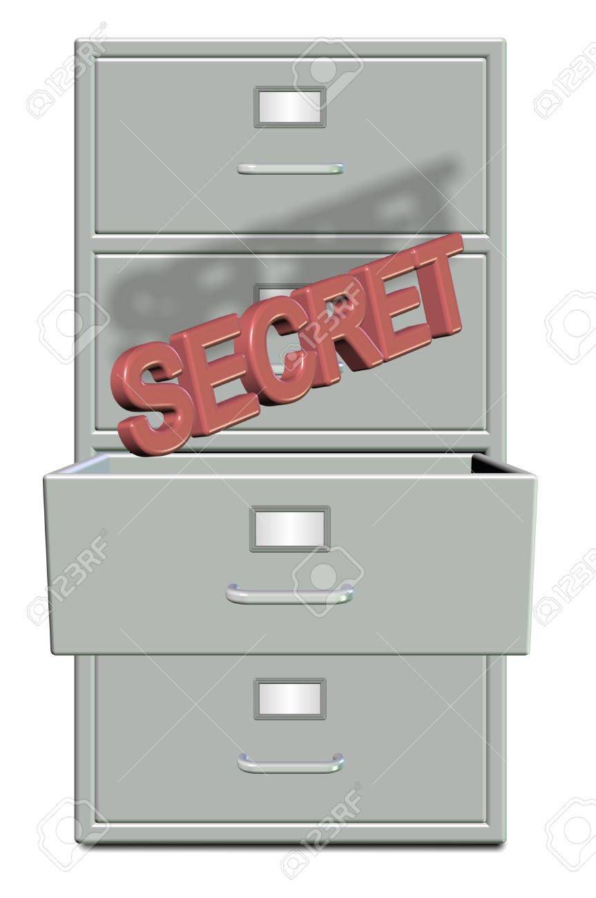 A Filing Cabinet With One Draw Open And Word Secret Coming Out