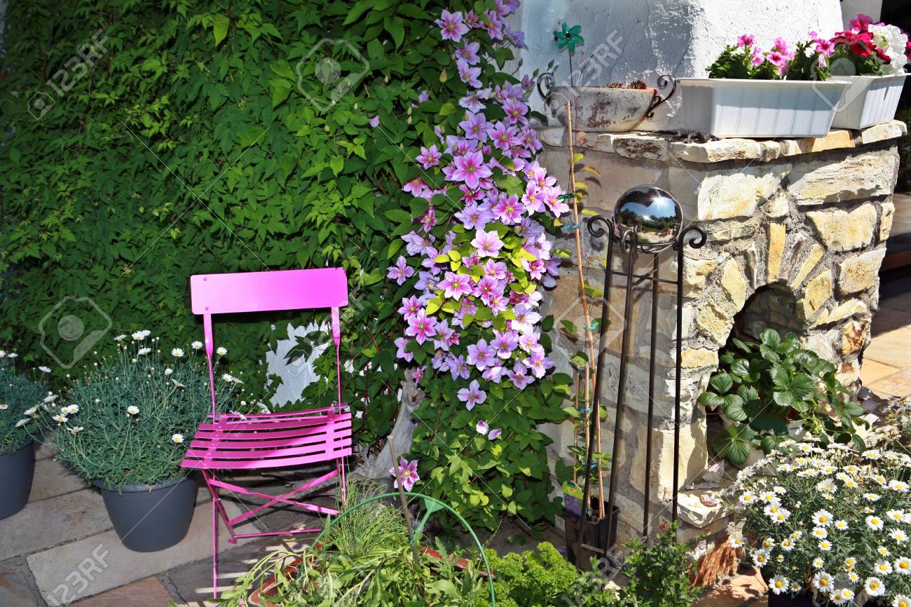 Clématite Rose Et Chaise De Jardin Rose Banque D\'Images Et Photos ... Clématite Rose Et Chaise De Jardin Rose Banque D\'Images Et Photos ...
