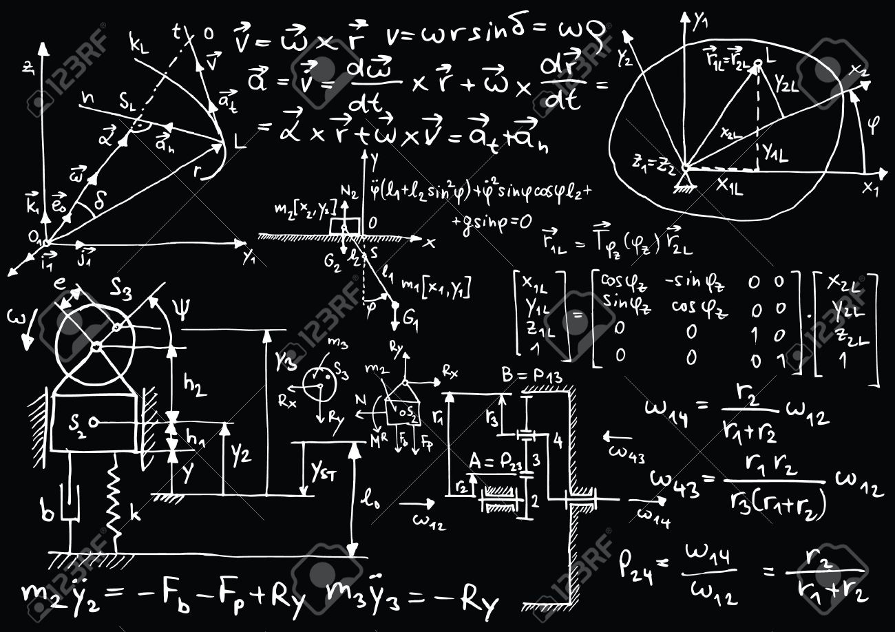 blackboard with mechanical sketches and formulas royalty free black board