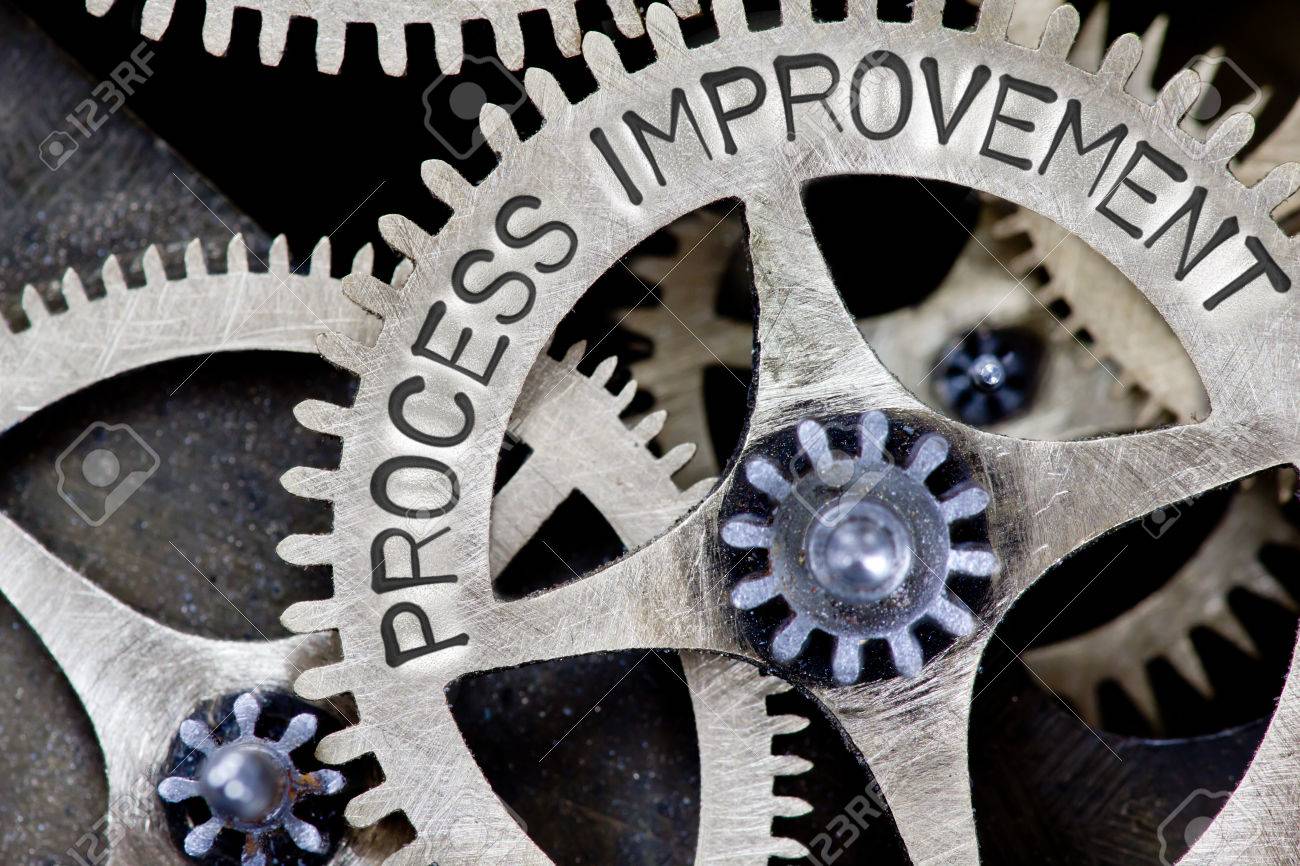 Macro photo of tooth wheel mechanism with PROCESS IMPROVEMENT concept letters - 64658616 Macro photo of tooth wheel mechanism with PROCESS IMPROVEMENT concept letters - 64658616