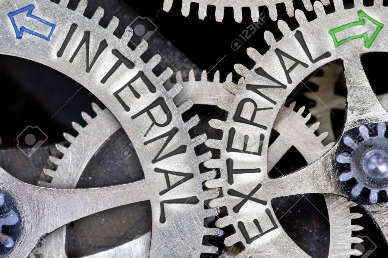 Macro photo of tooth wheel mechanism with arrows and INTERNAL, EXTERNAL concept words - 65362487 Macro photo of tooth wheel mechanism with arrows and INTERNAL, EXTERNAL concept words - 65362487