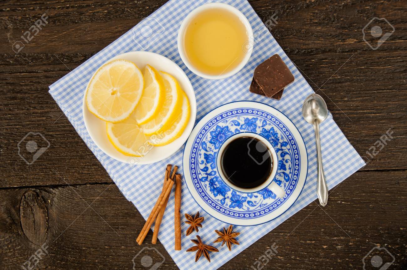 espresso in blue cup with lemon and honey on table - 34194747 espresso in blue cup with lemon and honey on table - 34194747