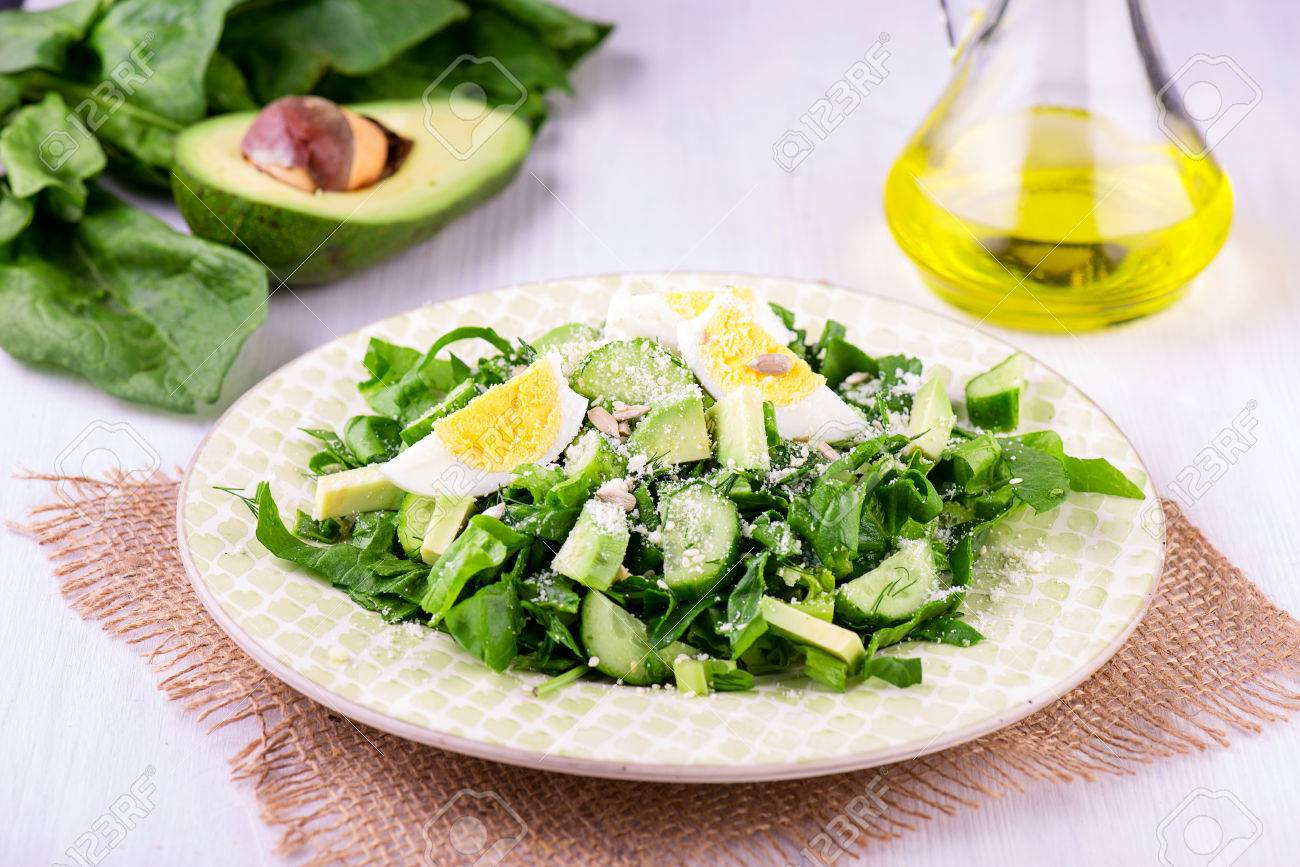 Fresh green salad with spinach, avocado, cucumner, eggs - 58050402 Fresh green salad with spinach, avocado, cucumner, eggs - 58050402