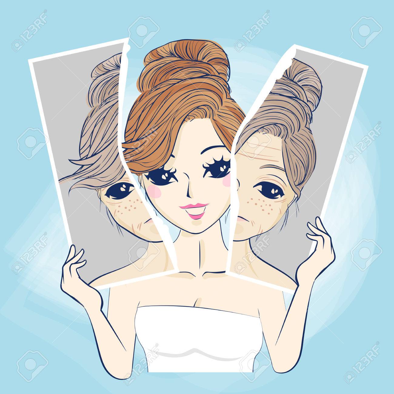 Dessin Animé Visage Jeune Femme Avec Portrait De Vieille Femme