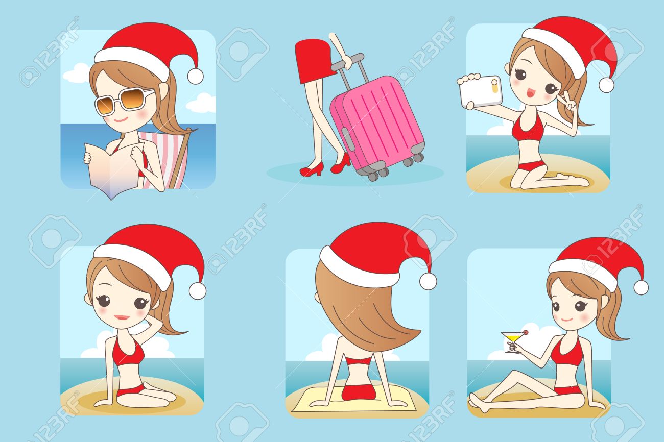 Dessin Animé De Noël Belle Jeune Femme En Bikini à La Plage