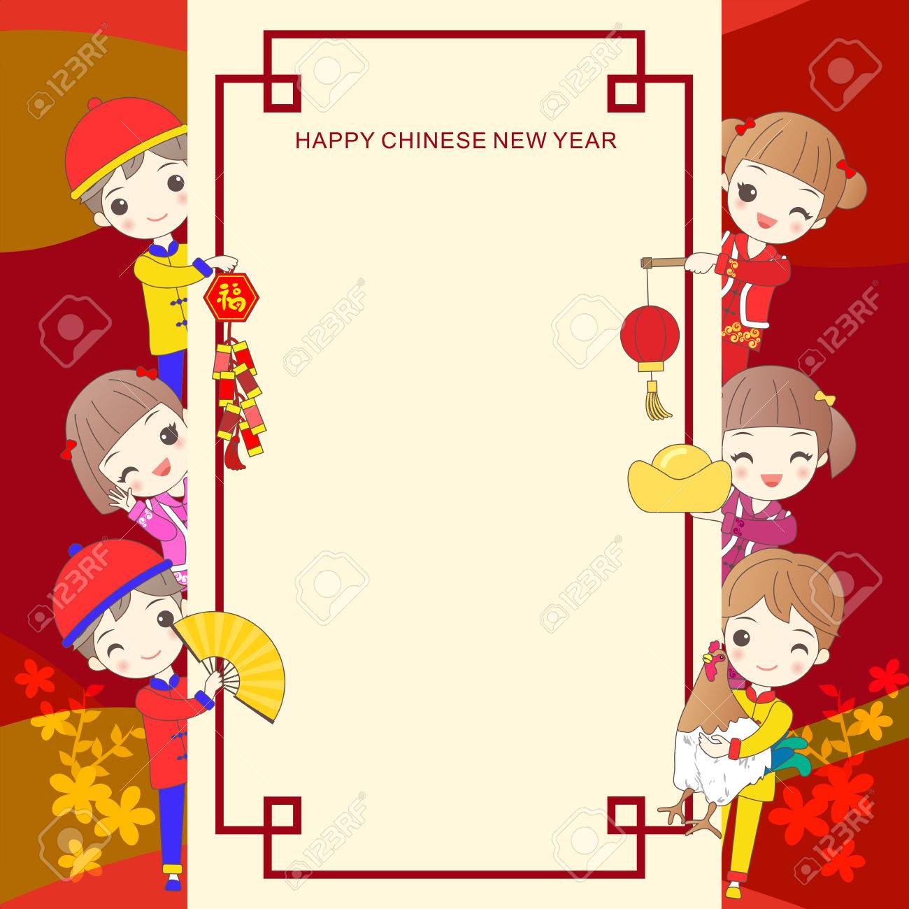 中国の旧正月とフレームに幸せな漫画の子供たちのイラスト素材 ベクタ Image 中国の旧正月とフレームに幸せな漫画の子供たちのイラスト素材 ベクタ Image