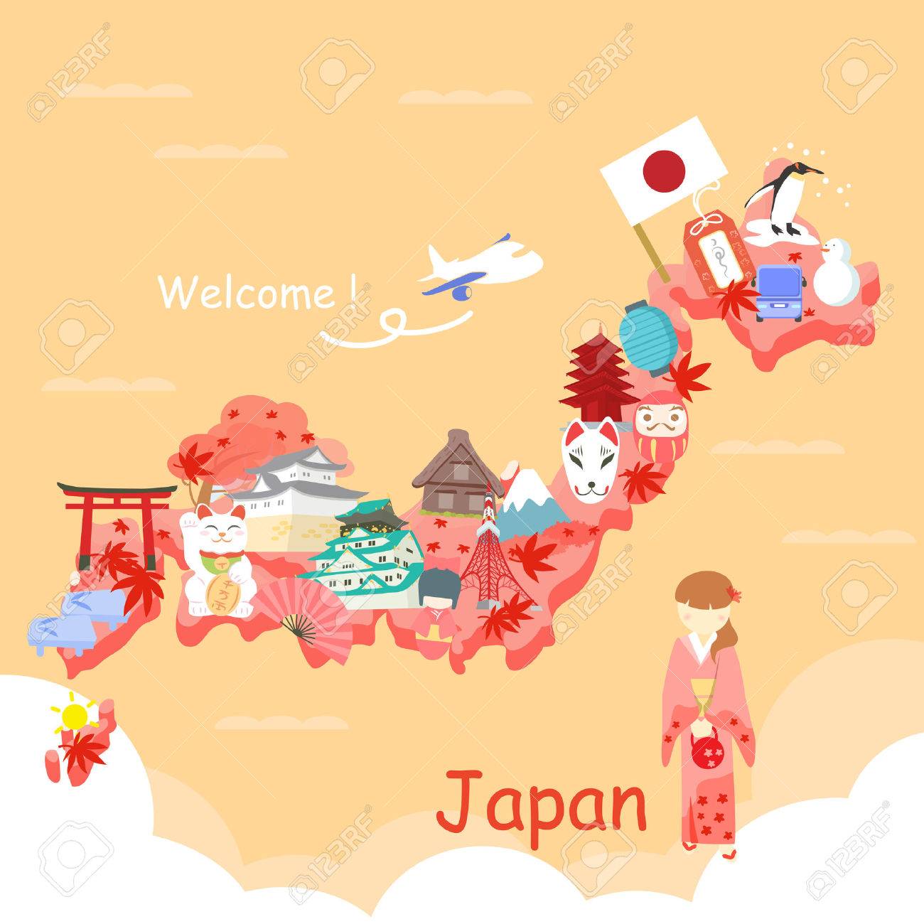 かわいい漫画日本要素と秋の紅葉 のイラスト素材 ベクタ Image