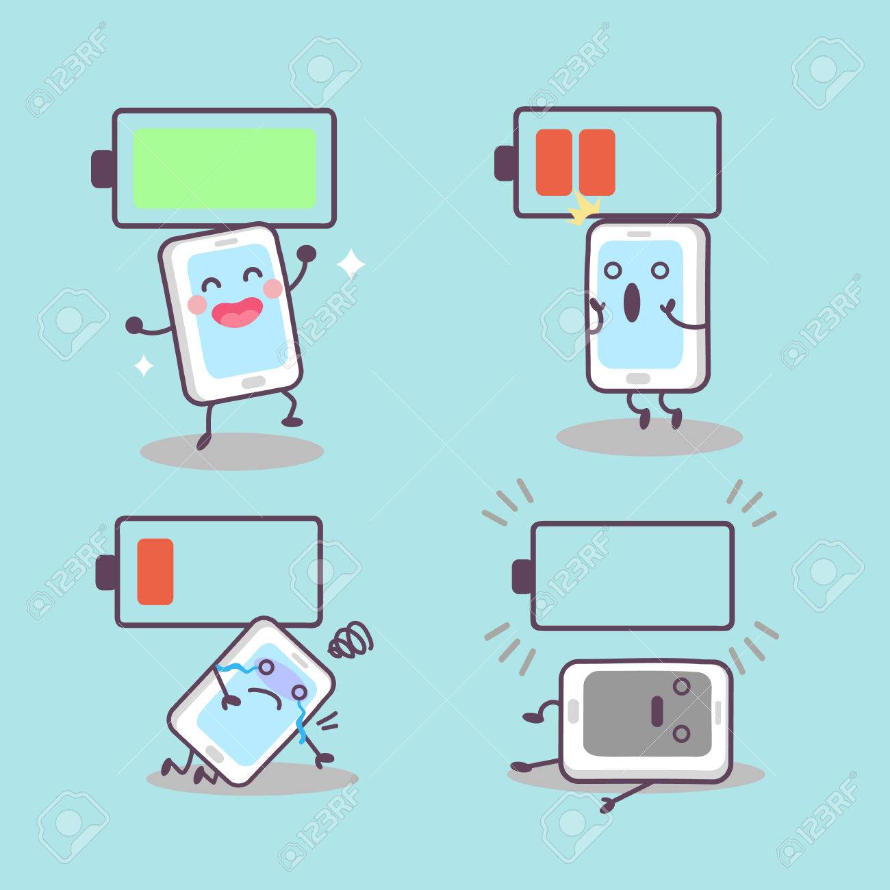 かわいい漫画スマート フォン バッテリー 技術コンセプト デザインに最適のイラスト素材 ベクタ Image