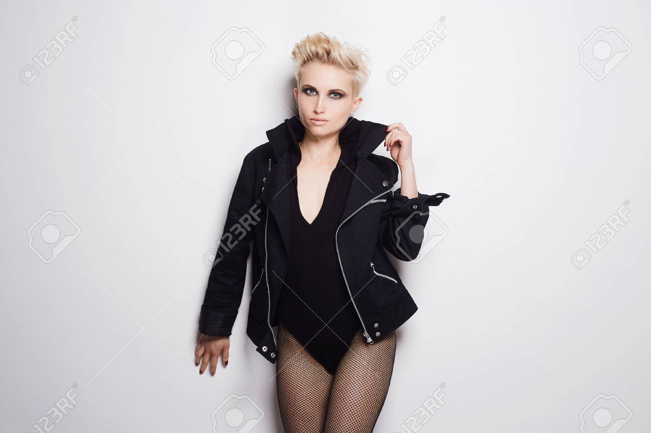 Sexy Beautiful Blond Woman With Short Hair Fashion Beauty Punk