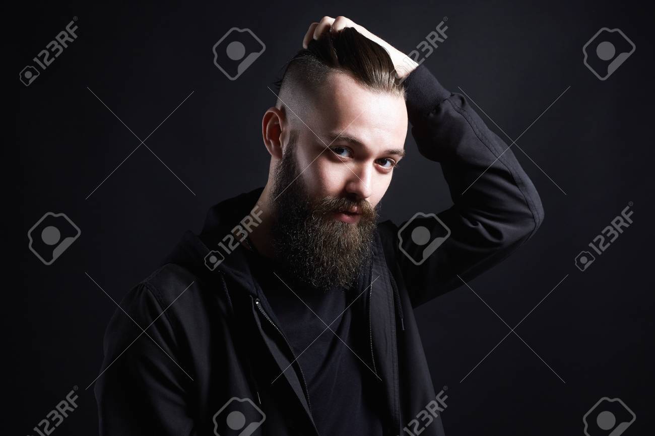 Fashionable Man With Stylish Haircut Handsome Boy Brutal Bearded