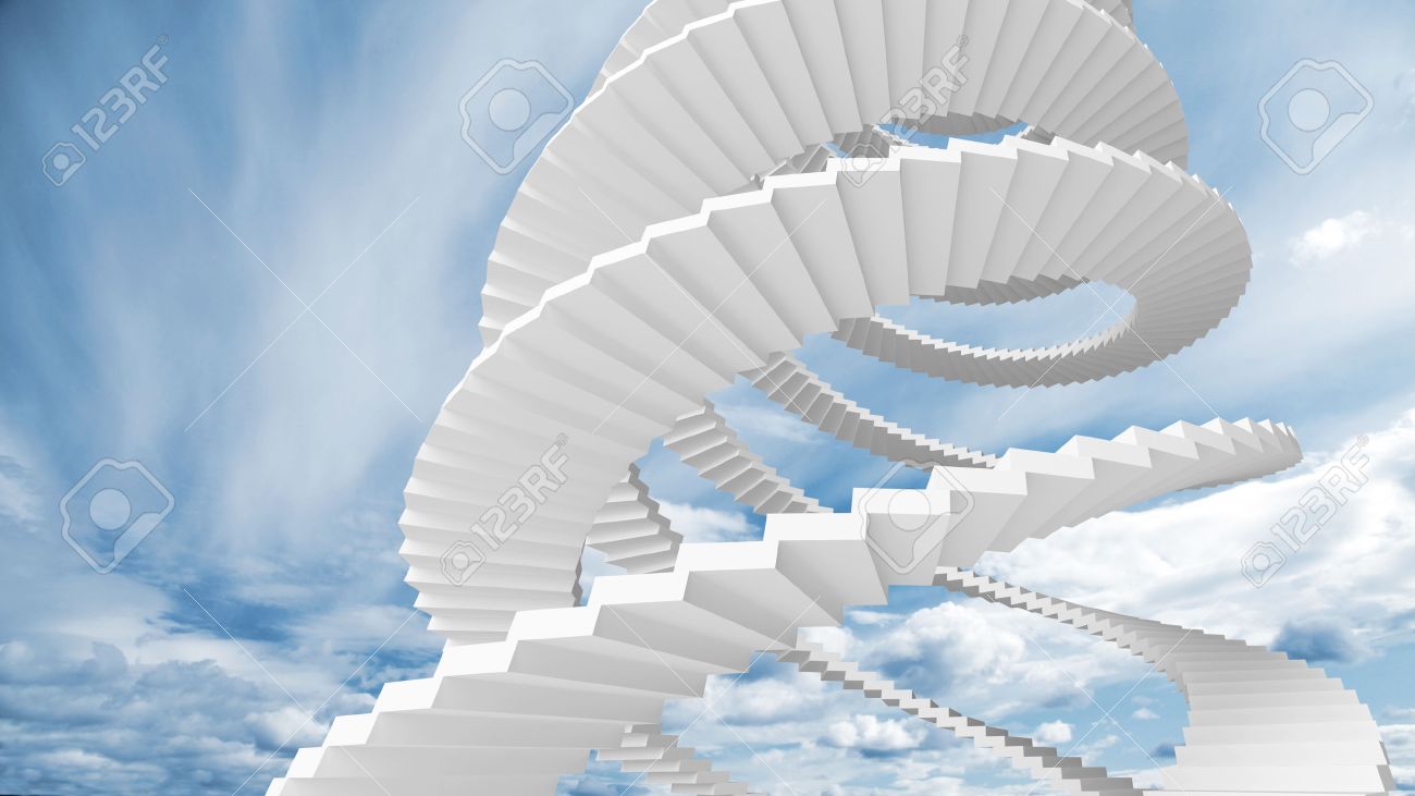 白いらせん階段は曇り空で行く の写真素材 画像素材 Image