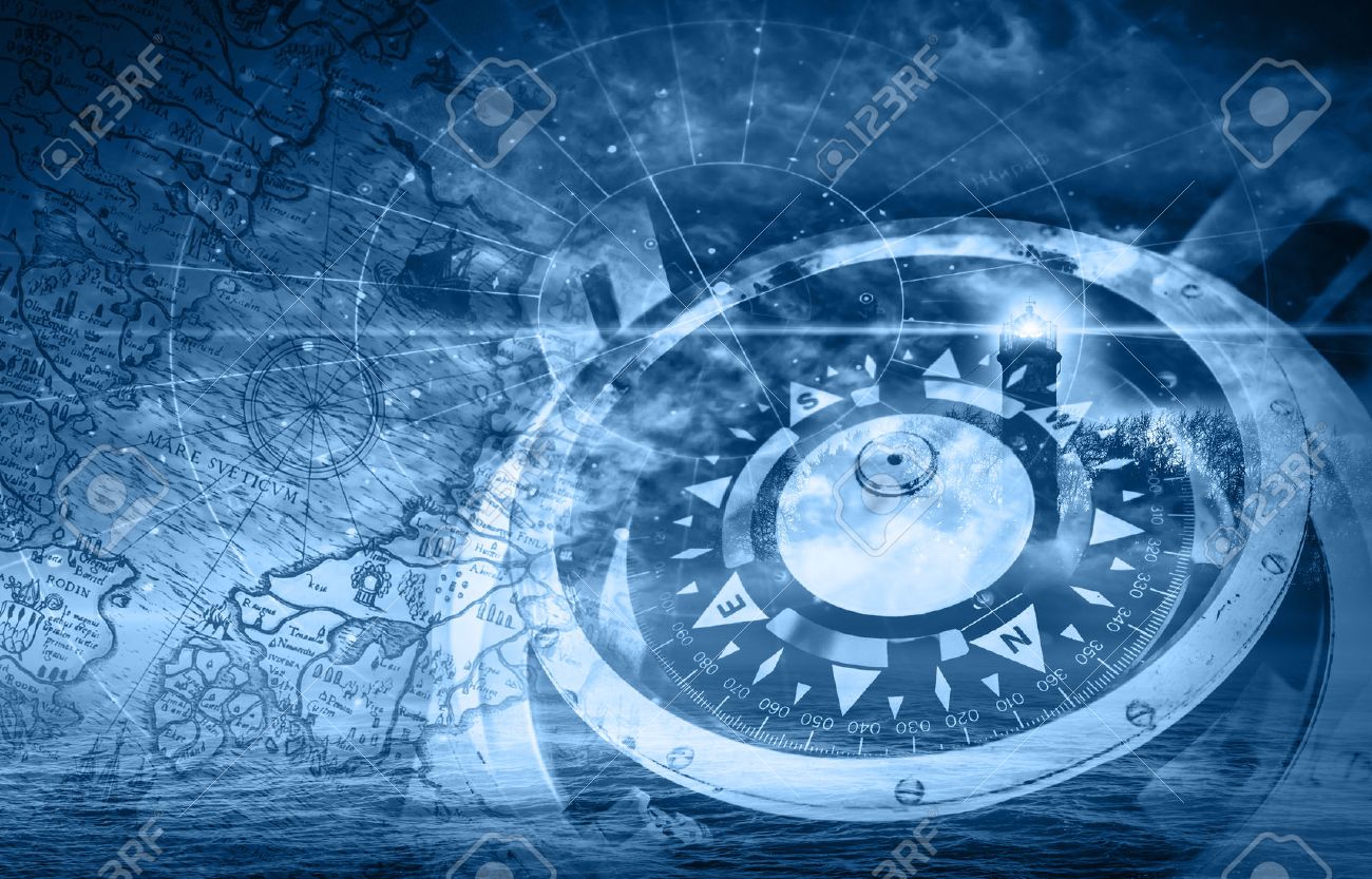 Blue ships navigation illustration with compass, lighthouse and ancient maps - 29013324 Blue ships navigation illustration with compass, lighthouse and ancient maps - 29013324