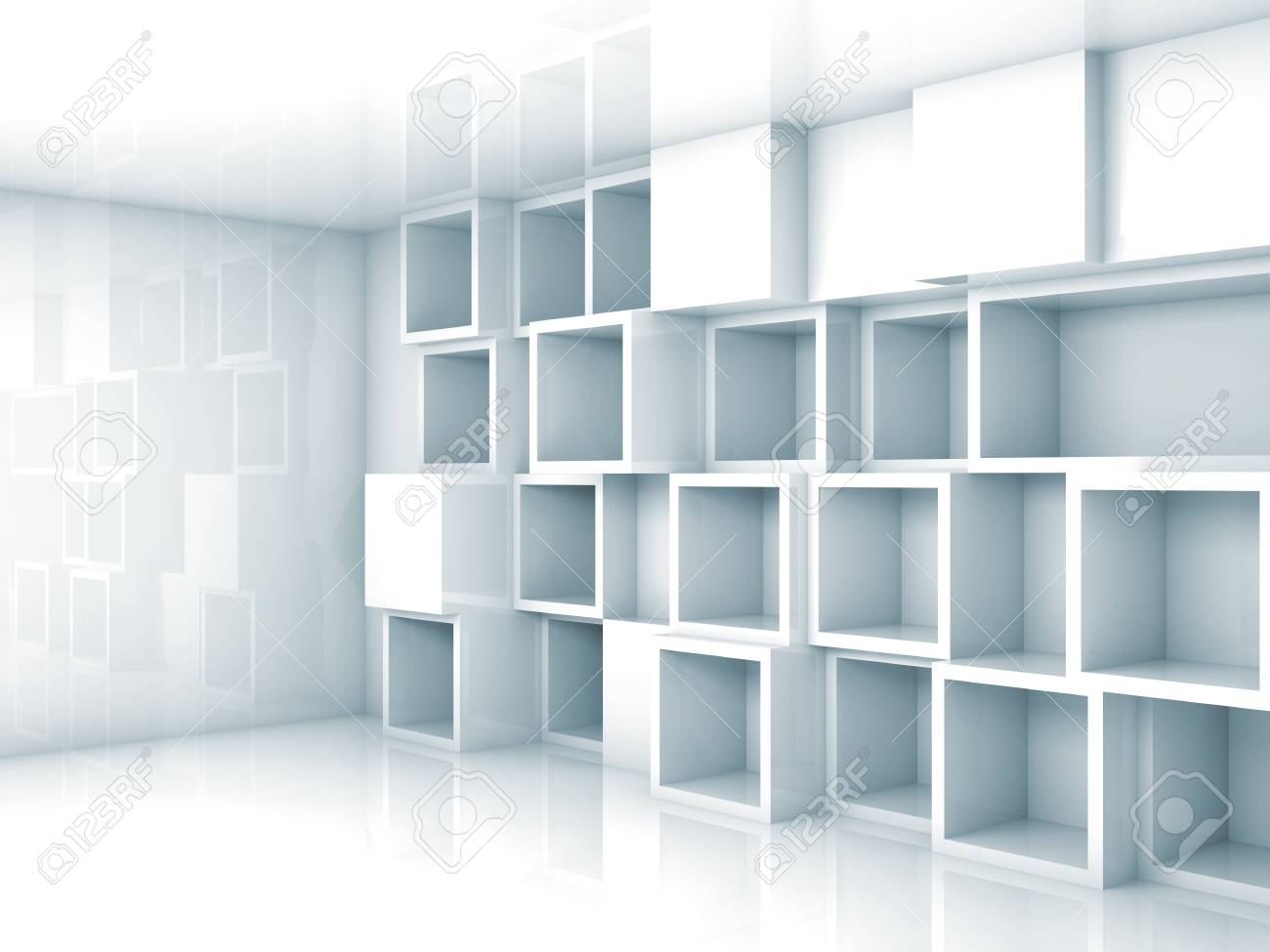 Vacio Luz Interior 3d Azul Abstracto Con Cubos Estantes En La