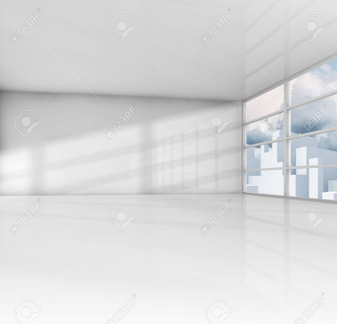 Abstract White Interior, Empty Office Room With Modern Cityscape ... Abstract White Interior, Empty Office Room With Modern Cityscape ...