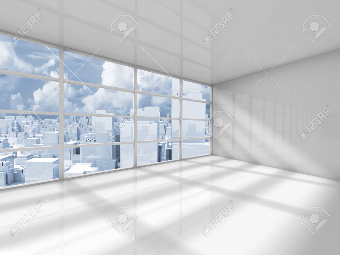 Abstract White Interior Of An Empty Office Room With Modern City ... Abstract White Interior Of An Empty Office Room With Modern City ...