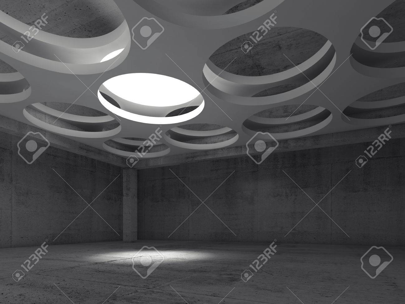 Empty Dark Concrete Hall Interior With Round Illumination Hole