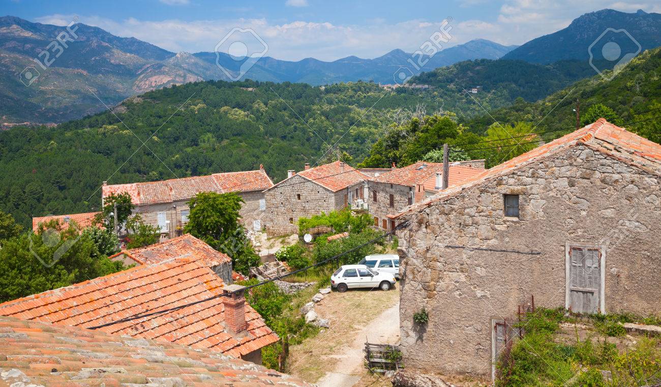Rural Landscape Of South Corsica, Old Living Houses And Mountains ... Rural Landscape Of South Corsica, Old Living Houses And Mountains ...