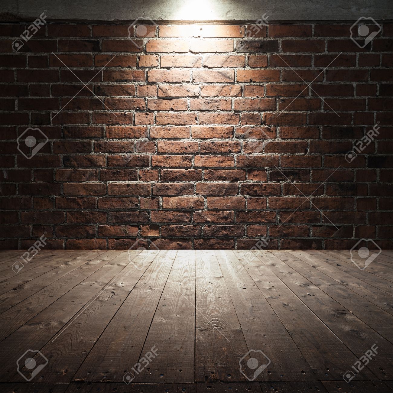 abstract dark interior background with wooden floor and red brick