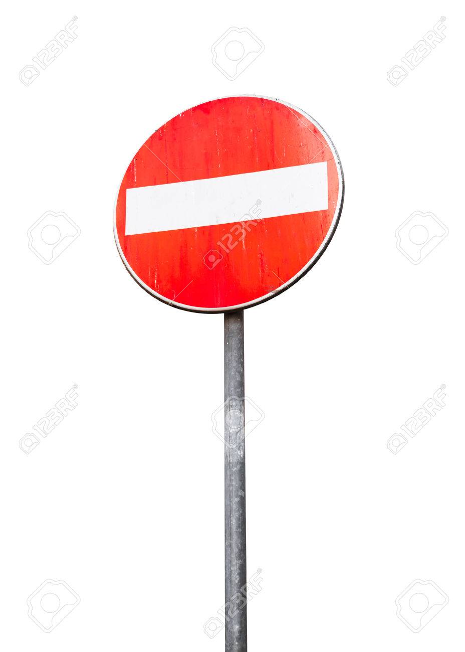 round red sign no entry on metal pole isolated on white banco de