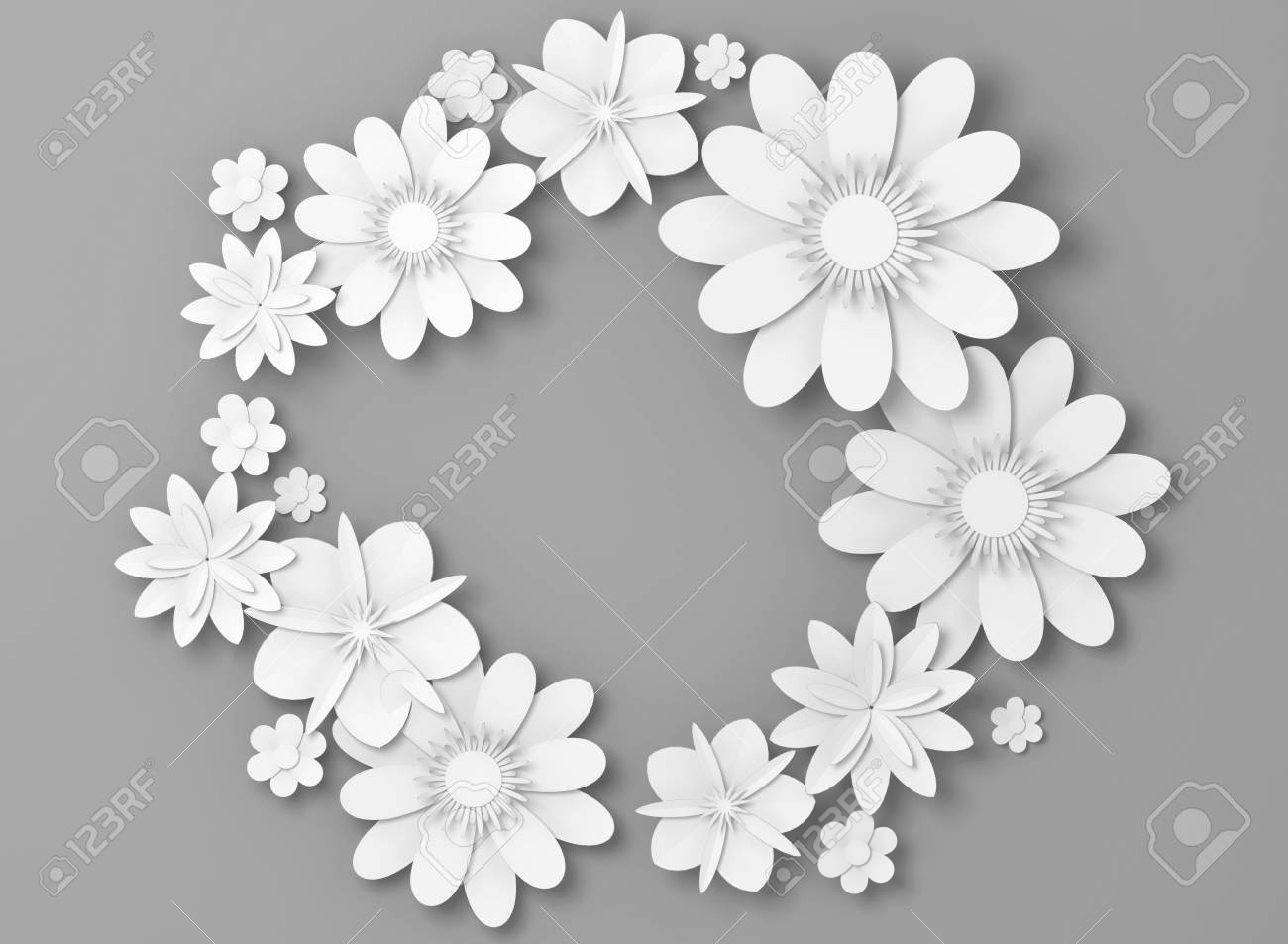 white paper flowers round decoration over light gray backdrop white paper flower backdrop