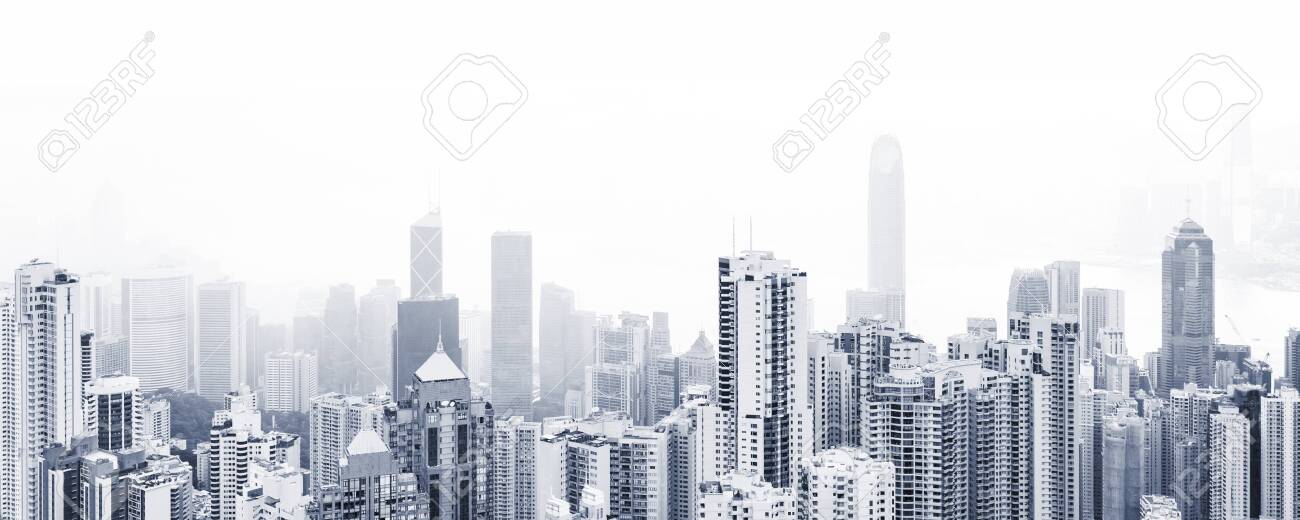 Blue toned modern cityscape background, panoramic city photo with urban skyline at foggy day - 153655464 Blue toned modern cityscape background, panoramic city photo with urban skyline at foggy day - 153655464