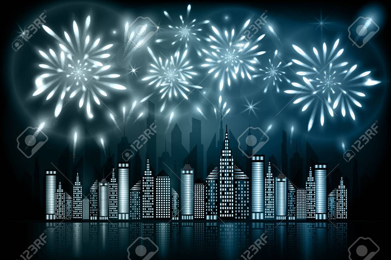 グレー ブルーの色合いの水の反射と繁華街に夜の空で爆発する花火の抽象的なイラストのイラスト素材 ベクタ Image