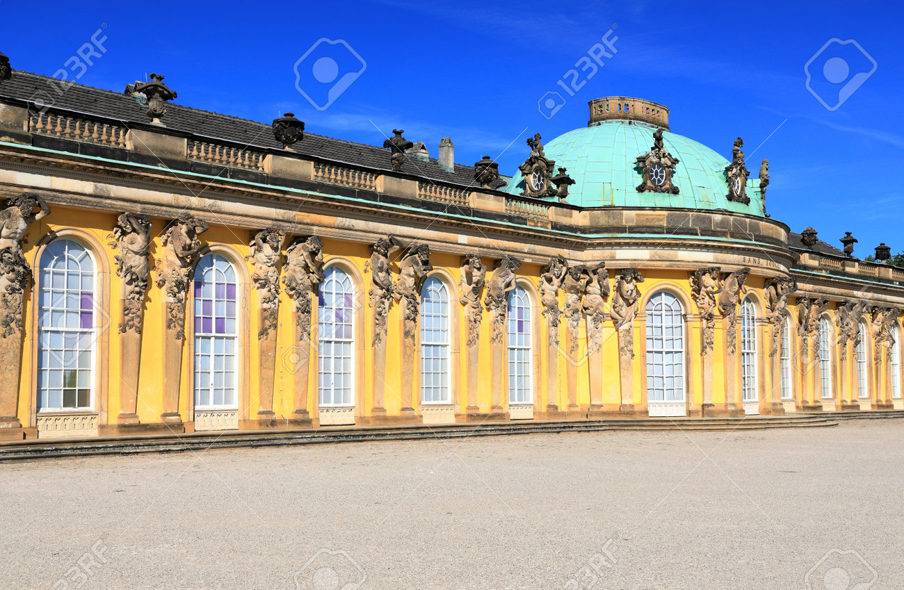 Potsdam, Germany - September 18, 2020: Visiting the royal palace und park Sanssouci in Potsdam on a sunny day in September. View on the south or garden façade and corps de logis of Sanssouci. - 164924744 Potsdam, Germany - September 18, 2020: Visiting the royal palace und park Sanssouci in Potsdam on a sunny day in September. View on the south or garden façade and corps de logis of Sanssouci. - 164924744